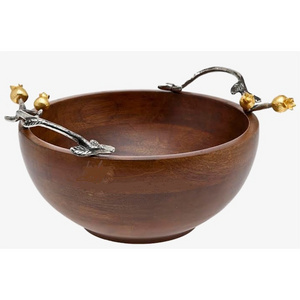 High quality Wood bowl Kitchen Round Large Salad aluminum handle acacia Wood Serving Bowl at wholesale price