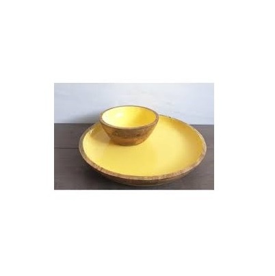 Top selling wooden yellow printed plate for customized dinnerware and with enamel print wooden bowl for dinner table use