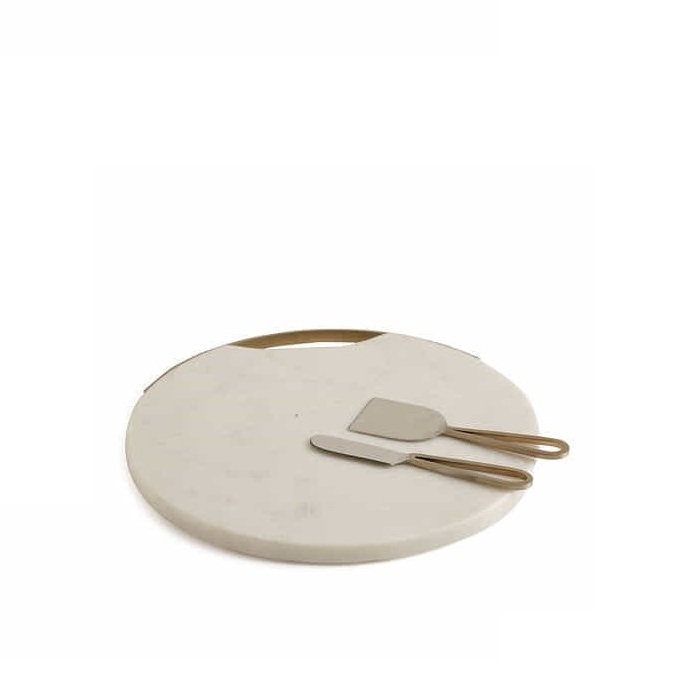 Simple design marble chopping board with brass handle and round shape knife and kitchenware spoon for customized sale