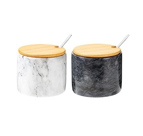 Best selling marble Salt and Pepper Bowls and Pinch spice Pots wood holder with brass spoon and green white stone salt bowl