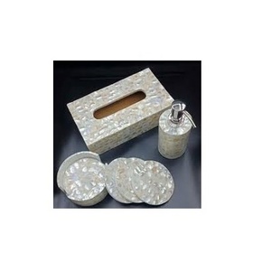 Hot selling MOP bathroom set napkin and tissue holder box and soap dispenser with MOP coaster mother of pearl bathroom set