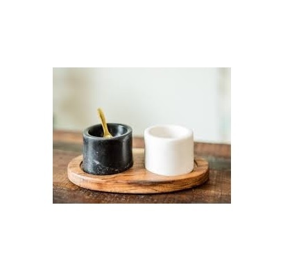 Best selling marble Salt and Pepper Bowls and Pinch spice Pots wood holder with brass spoon and green white stone salt bowl