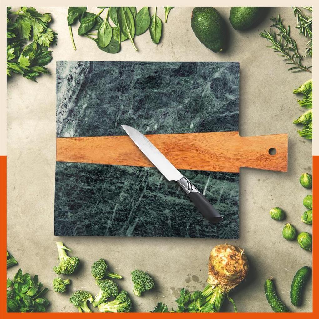 Simple design marble chopping board with brass handle and round shape knife and kitchenware spoon for customized sale