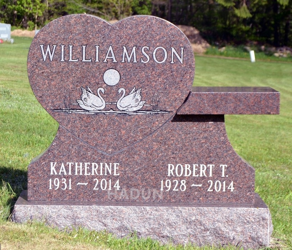 Popular red stone pink granite heart shape headstone with swan design