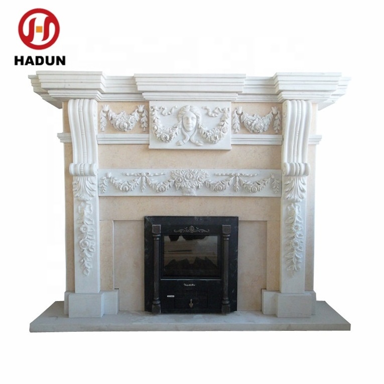 Flower Carved White Marble Stone Fireplace Surround