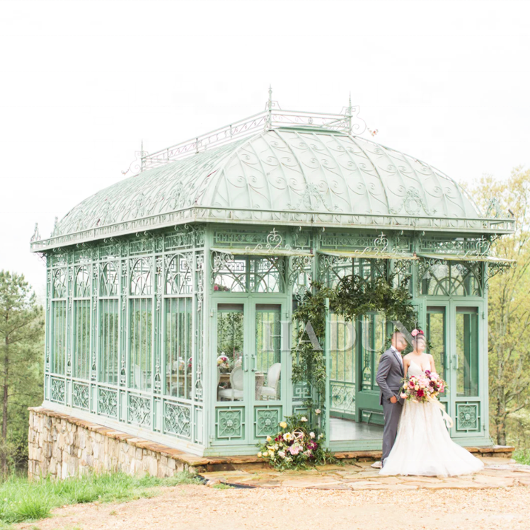 Outdoor big size garden modern iron steel and glass pavilion gazebo garden used wrought iron Metal Roof gazebos