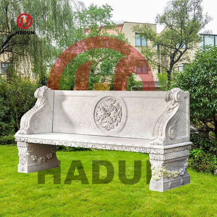 Outdoor Garden Hand Carved Natural Stone Beige Marble Bench with Sphinx