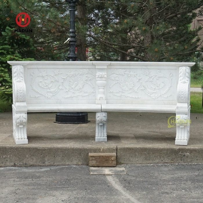 Hand Carved Natural Stone Outdoor Garden Antique Beige Marble Backrest Bench