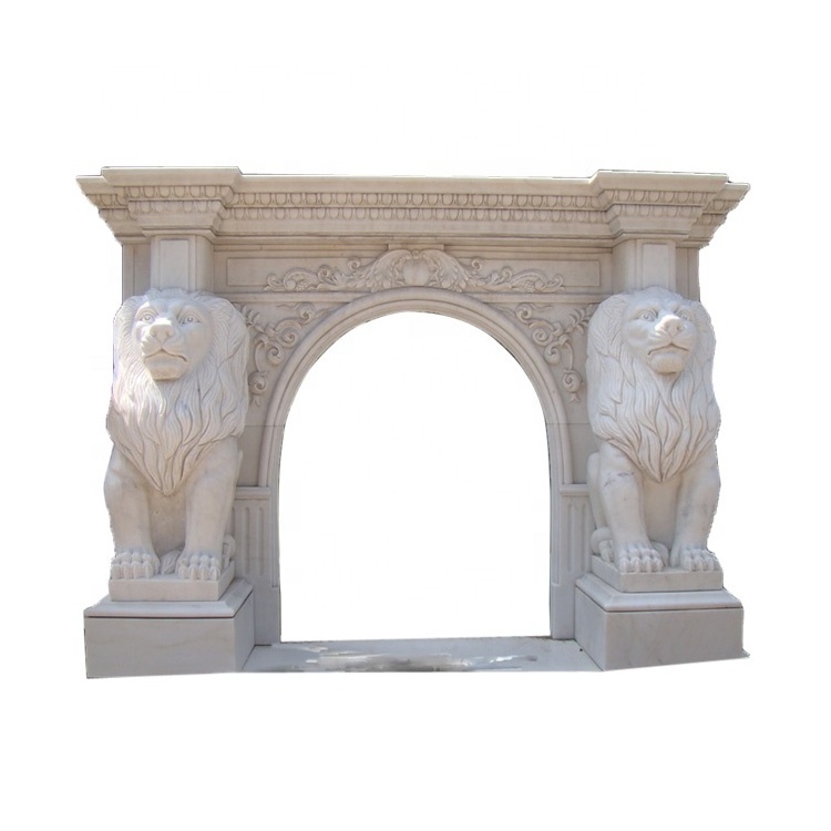 Indoor Beige Marble  fireplace Mantel shelf with Lion statue sculpture