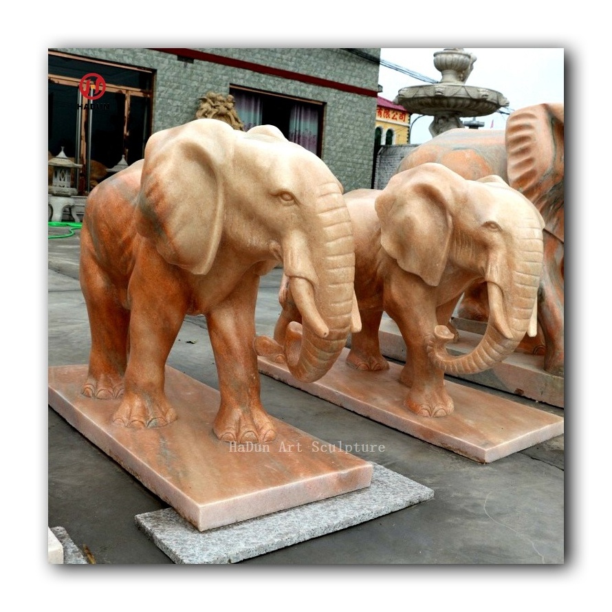 Outdoor Garden Hand Carving Sunset Red Marble Elephant Sculpture