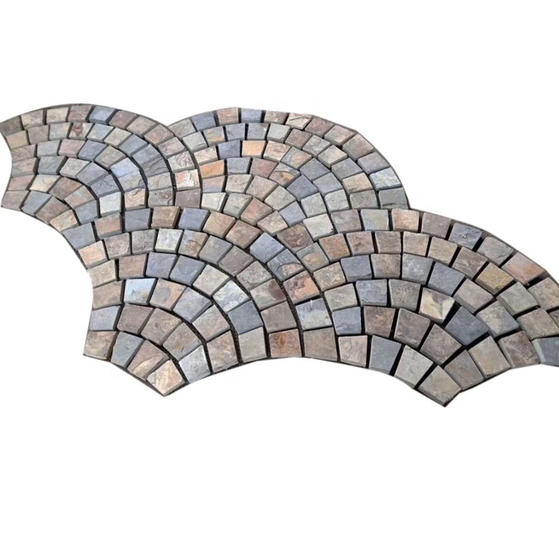 Fan shape Beige slate paving stone mat mesh flagstone tile