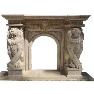 Indoor Beige Marble  fireplace Mantel shelf with Lion statue sculpture