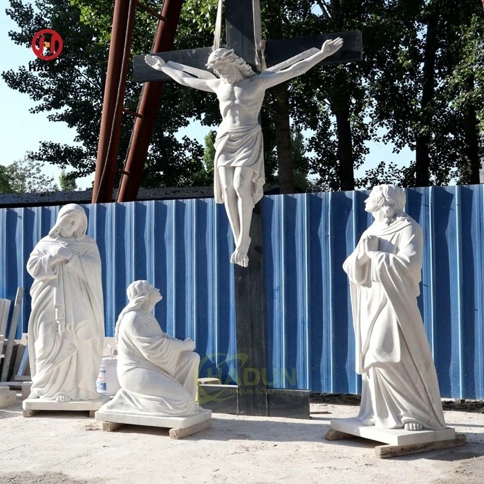 Custom Real Size Religious Natural White Marble Jesus Statues on Cross Sculpture