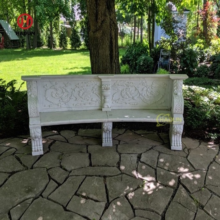 Hand Carved Natural Stone Outdoor Garden Antique Beige Marble Backrest Bench