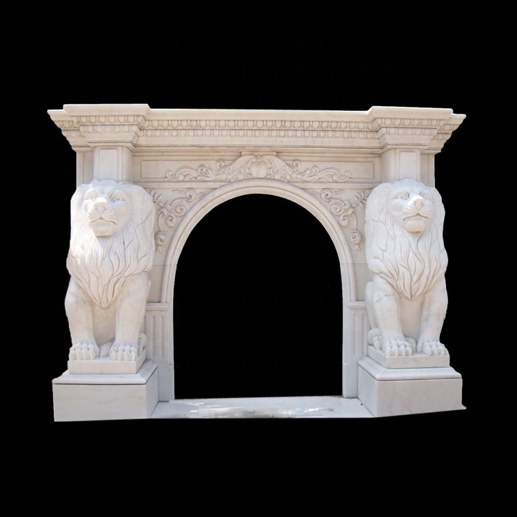 Indoor Beige Marble  fireplace Mantel shelf with Lion statue sculpture