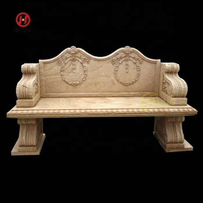 Hand Carved Natural Stone Outdoor Garden Antique Beige Marble Backrest Bench