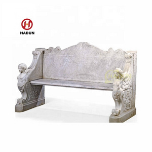 Outdoor Garden Hand Carved Natural Stone Beige Marble Bench with Sphinx