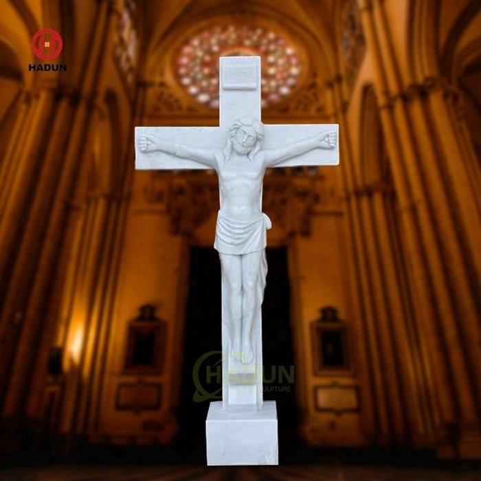 Custom Real Size Religious Natural White Marble Jesus Statues on Cross Sculpture