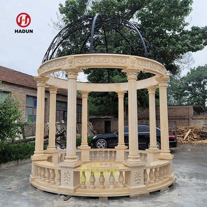 Garden Outdoor Decorative Egyptian Beige Marble Eight Roman Column Stone Gazebo With Iron Top