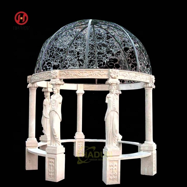 Garden Outdoor Decorative Egyptian Beige Marble Eight Roman Column Stone Gazebo With Iron Top