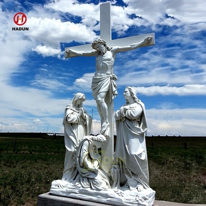 Custom Real Size Religious Natural White Marble Jesus Statues on Cross Sculpture