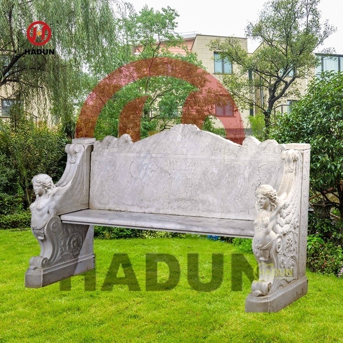 Outdoor Garden Hand Carved Natural Stone Beige Marble Bench with Sphinx