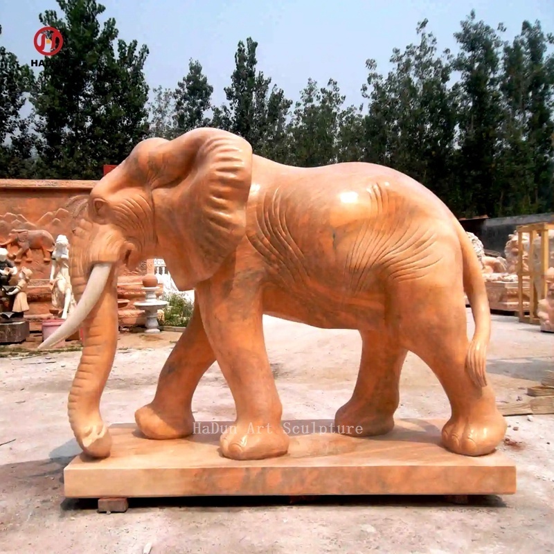 Outdoor Garden Hand Carving Sunset Red Marble Elephant Sculpture