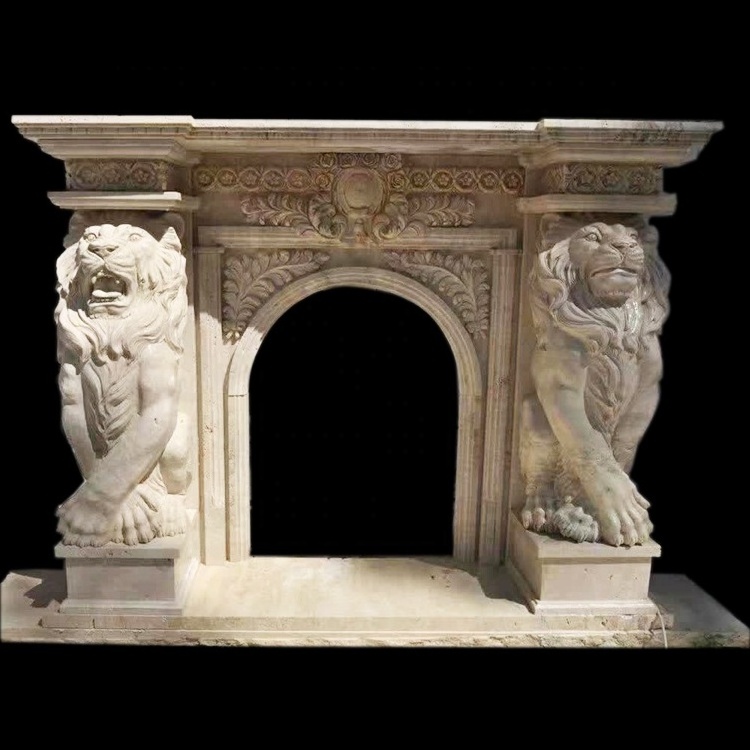 Indoor Beige Marble  fireplace Mantel shelf with Lion statue sculpture