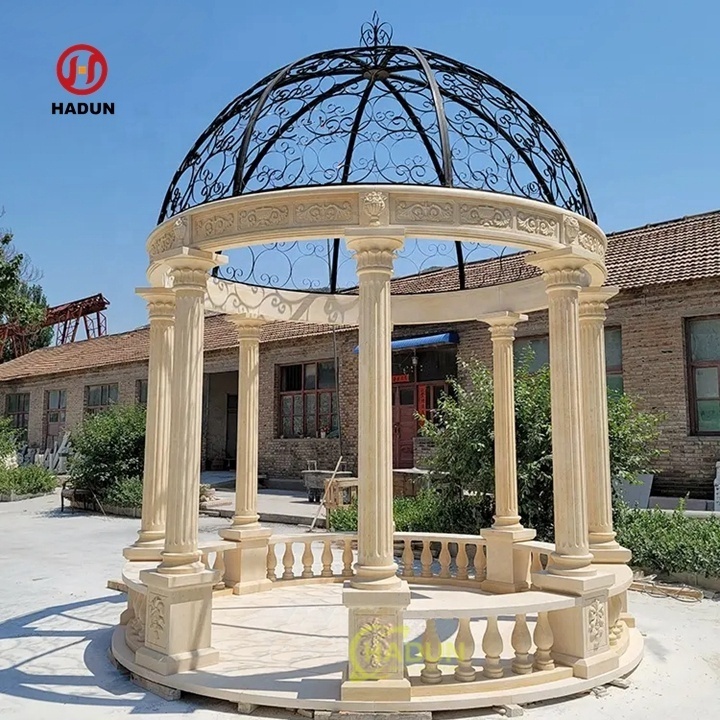 Garden Outdoor Decorative Egyptian Beige Marble Eight Roman Column Stone Gazebo With Iron Top