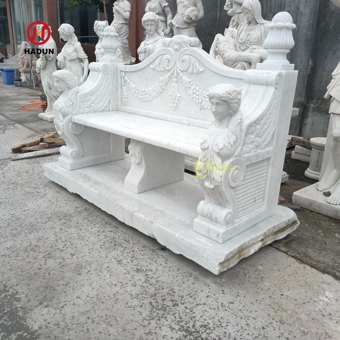 Luxurious Outdoor Garden Hand Carved Natural White Stone Marble Beauty Bench with Back