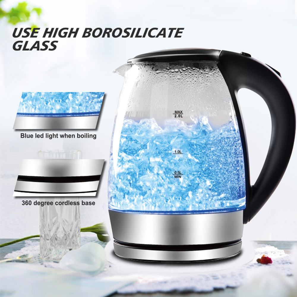 2000W High Borosilicate Glass Electric Water Kettle 2 Liter Cordless Hot Water Boiler with LED Light