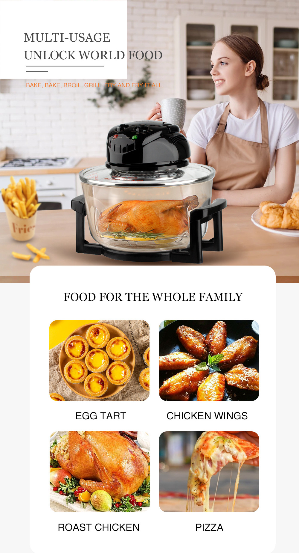 Multifunction cooker desktop glass air fryer electric wave turbo convection oven 12L  halogen oven for home