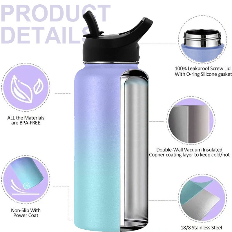 HAERS Outdoor 64 oz Wide Mouth Stainless Steel Insulated Vacuum Water Bottle with Straw Lids