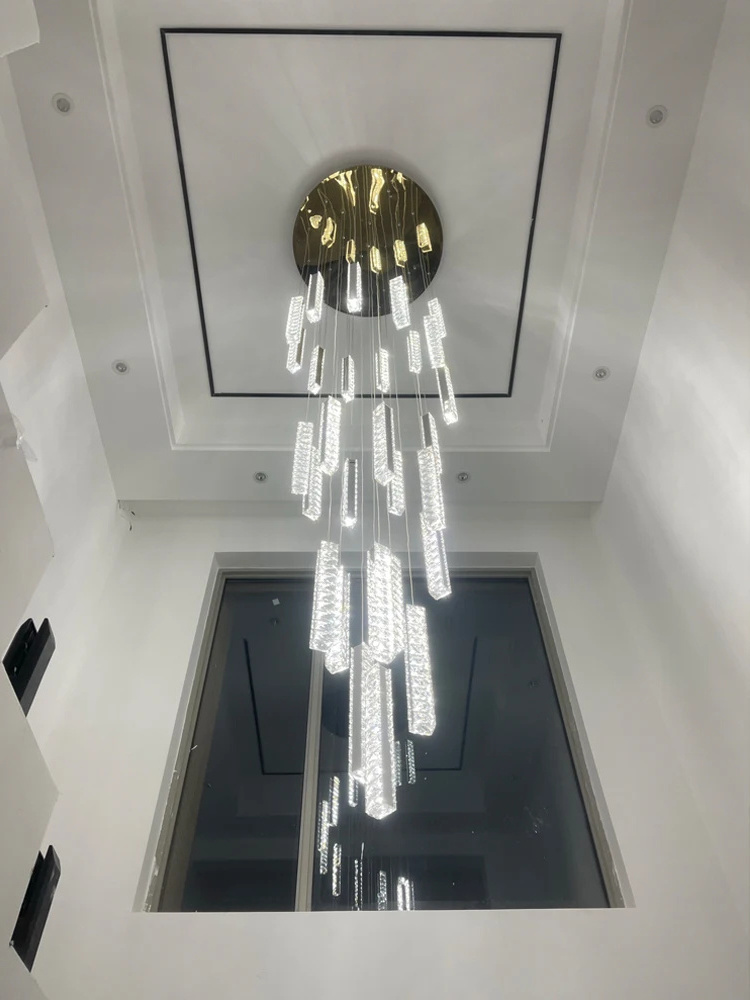 Staircase Luxury Design Modern LED Crystal Pendant Chandelier Light Chrome / Gold Long spiral Chandeliers Indoor Lighting