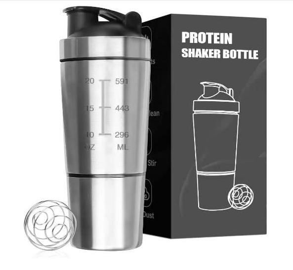 Protein Shaker Bottle 700 ml with Mixball Stainless Steel Protein Bottle Metal Shaker Leakproof Fitness Bottle