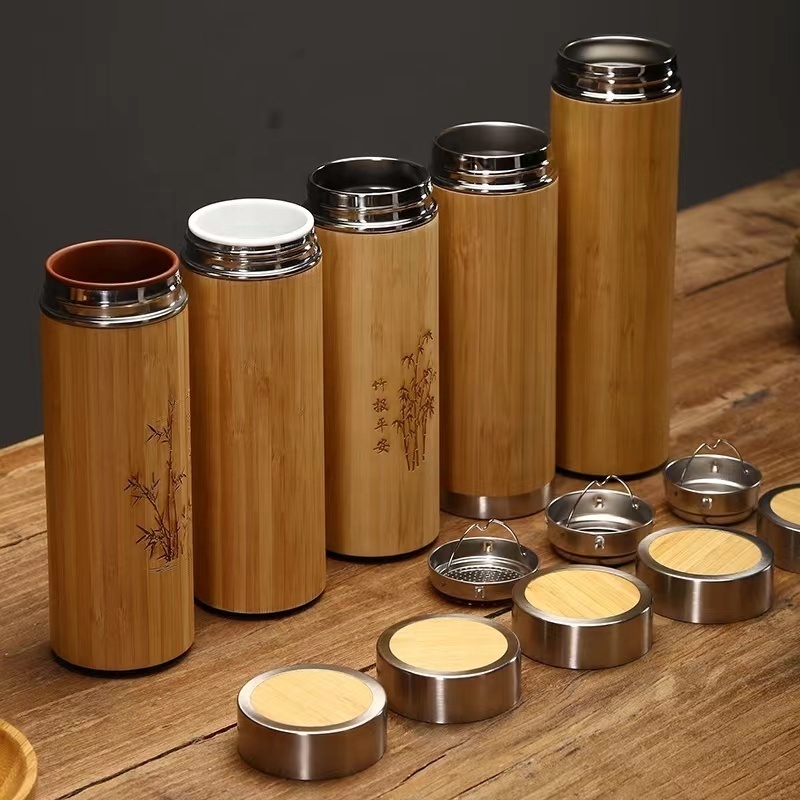 Bamboo Tumbler with Tea Infuser  Double Insulated Stainless Steel Travel Thermoses Hot Coffee Mug