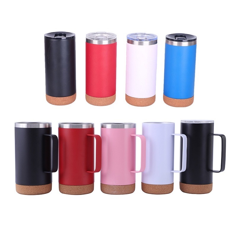 Top Seller 12oz Cork Bottom Stainless Steel Vacuum Insulated Straight Travel Coffee Mug Tumbler with handle cups