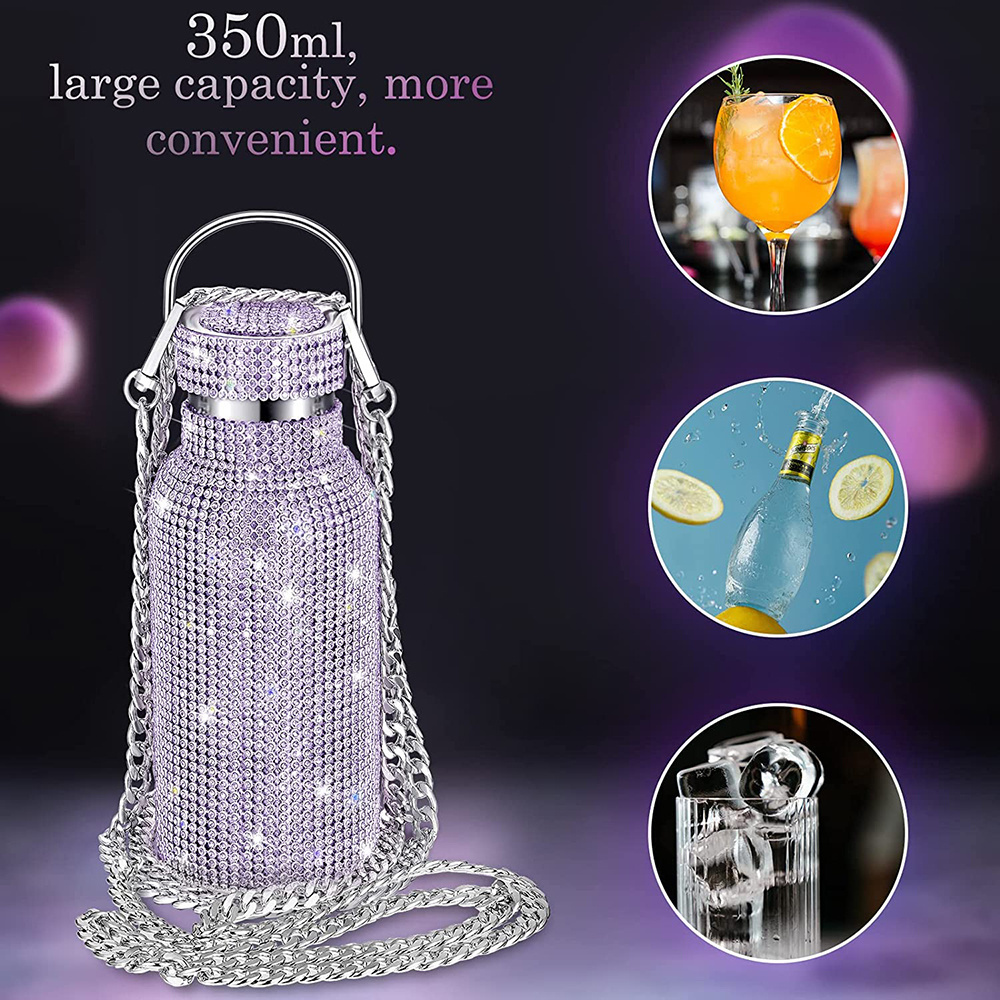 350 Diamond Water Bottle Bling Rhinestone Stainless Steel Thermal Flask Refillable Glitter Water Bottle with Chain for Christmas