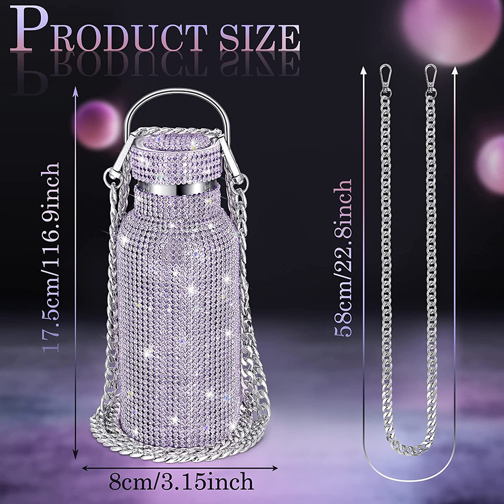 350 Diamond Water Bottle Bling Rhinestone Stainless Steel Thermal Flask Refillable Glitter Water Bottle with Chain for Christmas