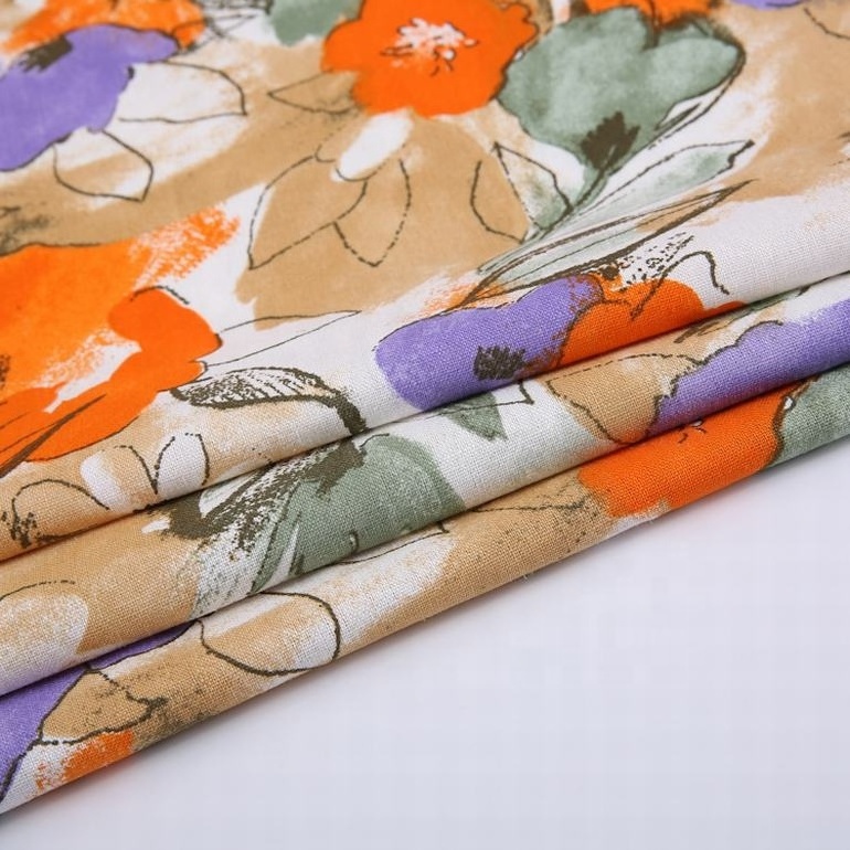 55% linen 45% viscose woven purple orange flower lining custom digital printed fabric for dresses