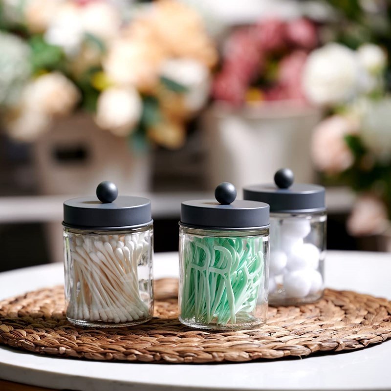 Jars Bathroom Storage Organizer - Cute Qtip Dispenser Holder Vanity Canister Jar Glass with Lid for Cotton Swabs