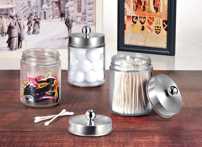 Jars Bathroom Storage Organizer - Cute Qtip Dispenser Holder Vanity Canister Jar Glass with Lid for Cotton Swabs