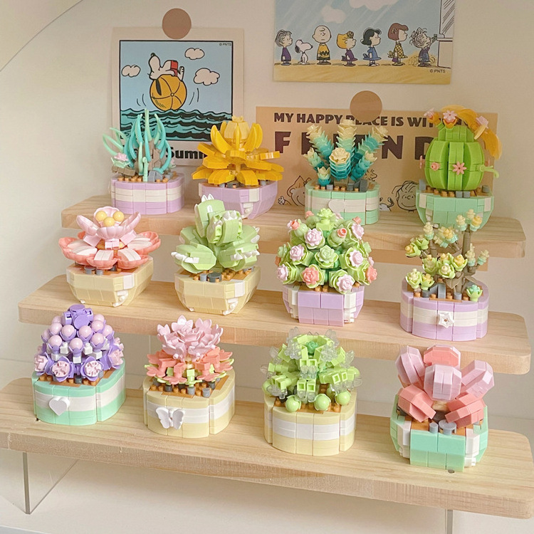 Flower Succulents Building Blocks Cactus Gypsophila Bonsai Tree Gardens Romantic Bricks DIY Potted Plants Model Kids Kits Toys