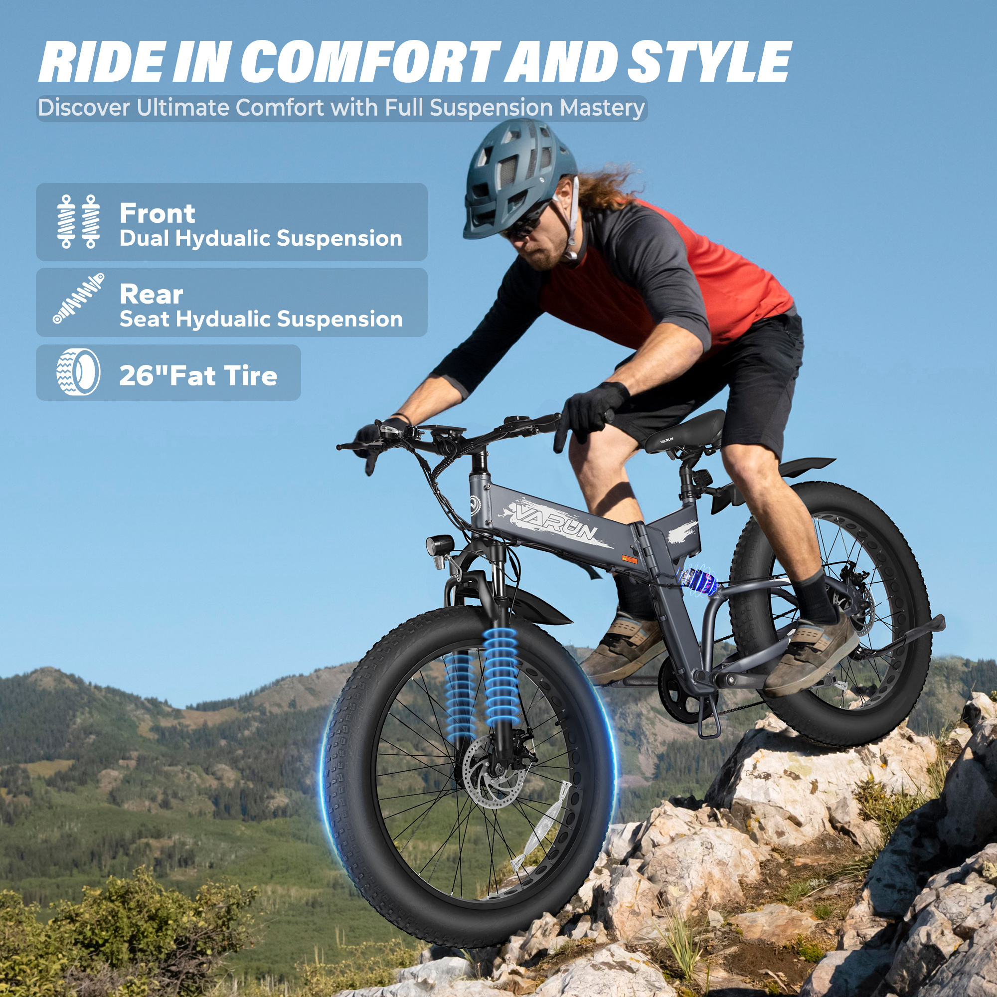 EU US Stock Full Suspension Foldable Mountain Ebike 26 Inch Fat Tire 48V 500W 750W Integrated Battery Aluminum Electric Bike