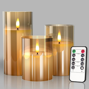 Battery powered Glass Flameless Flickering Candle with remote wax pillar led candles light electronic candle with moving flame