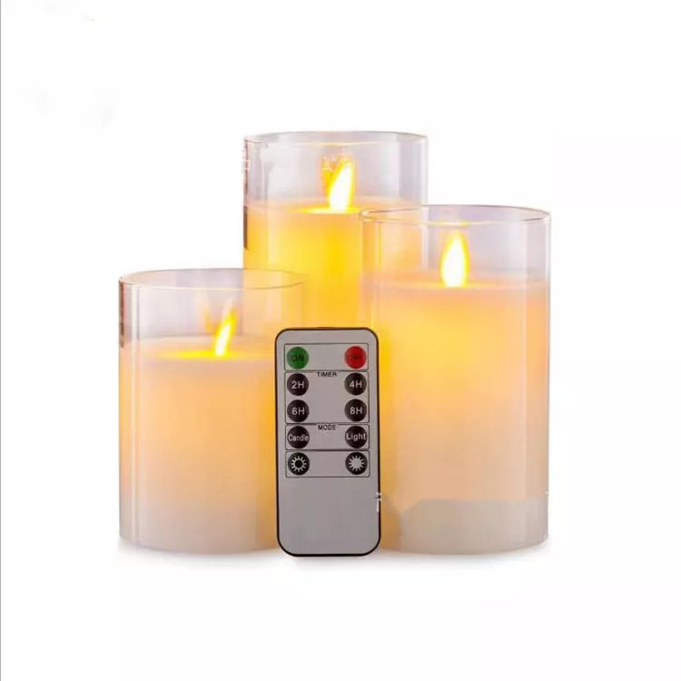 Battery powered Glass Flameless Flickering Candle with remote wax pillar led candles light electronic candle with moving flame