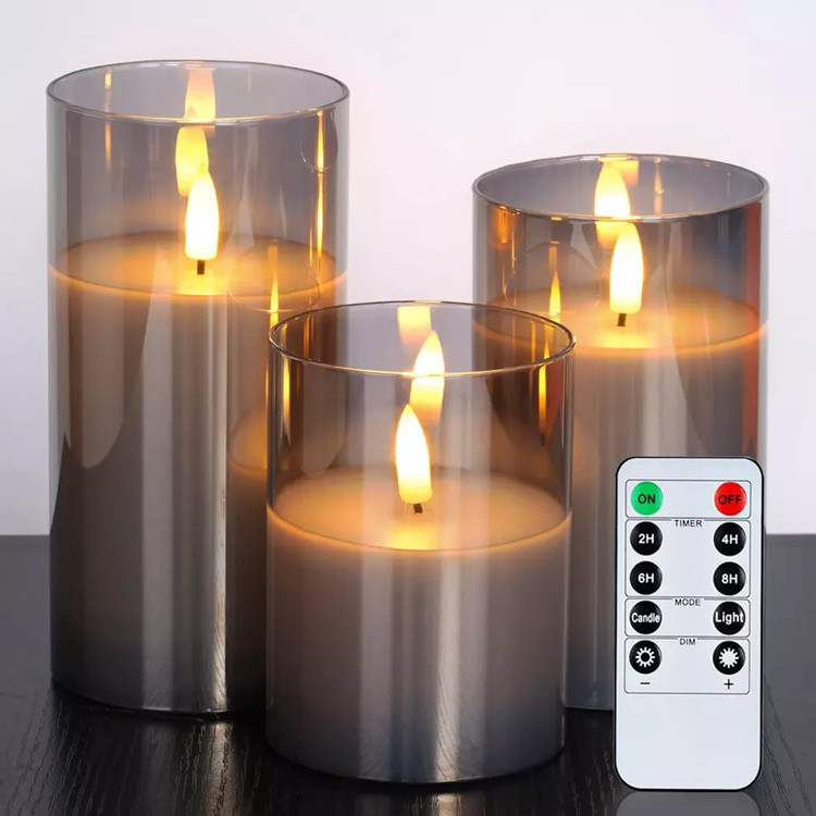 Battery powered Glass Flameless Flickering Candle with remote wax pillar led candles light electronic candle with moving flame