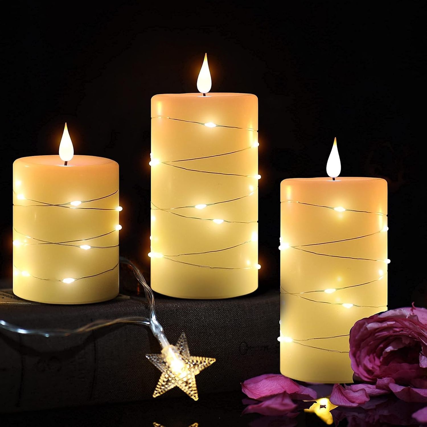 Flameless Candles with String Light LED Candle with Remote Control and Timer Battery Powered Ivory Candle