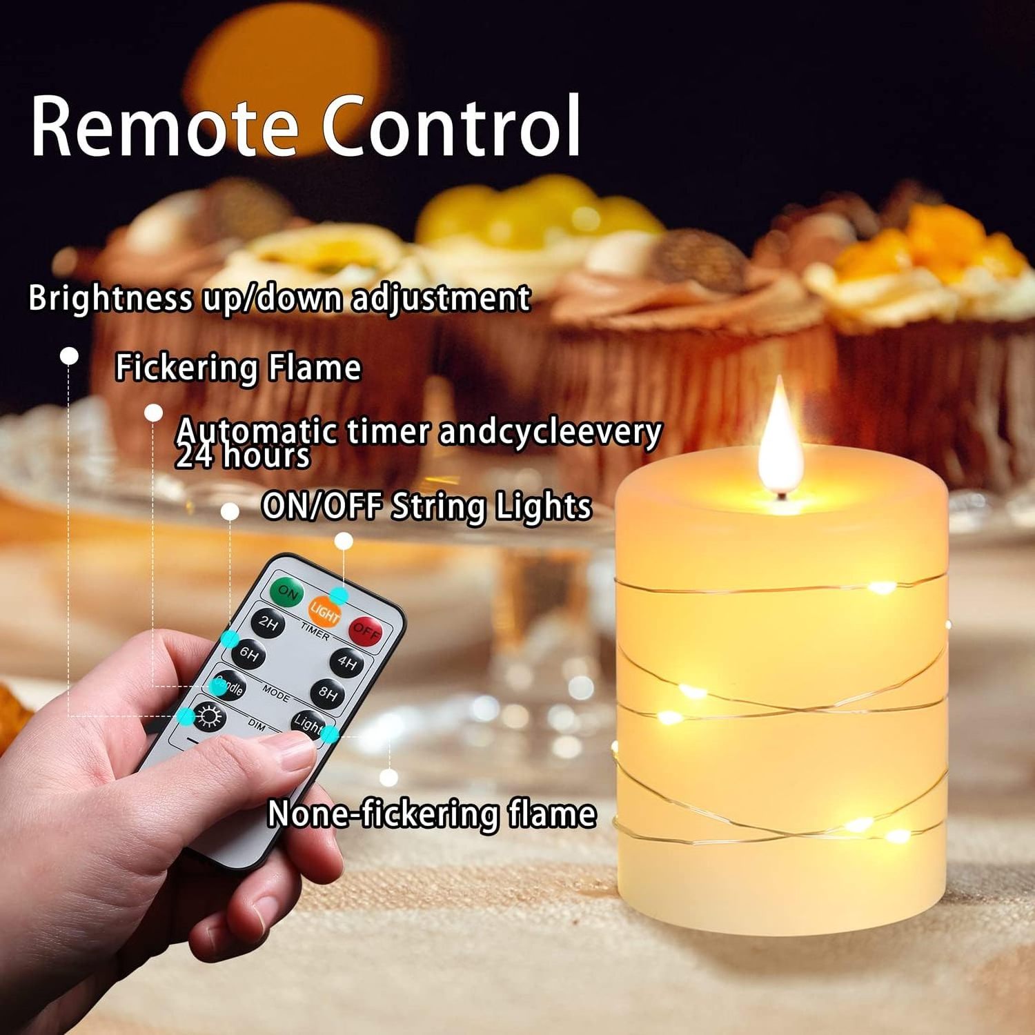 Flameless Candles with String Light LED Candle with Remote Control and Timer Battery Powered Ivory Candle