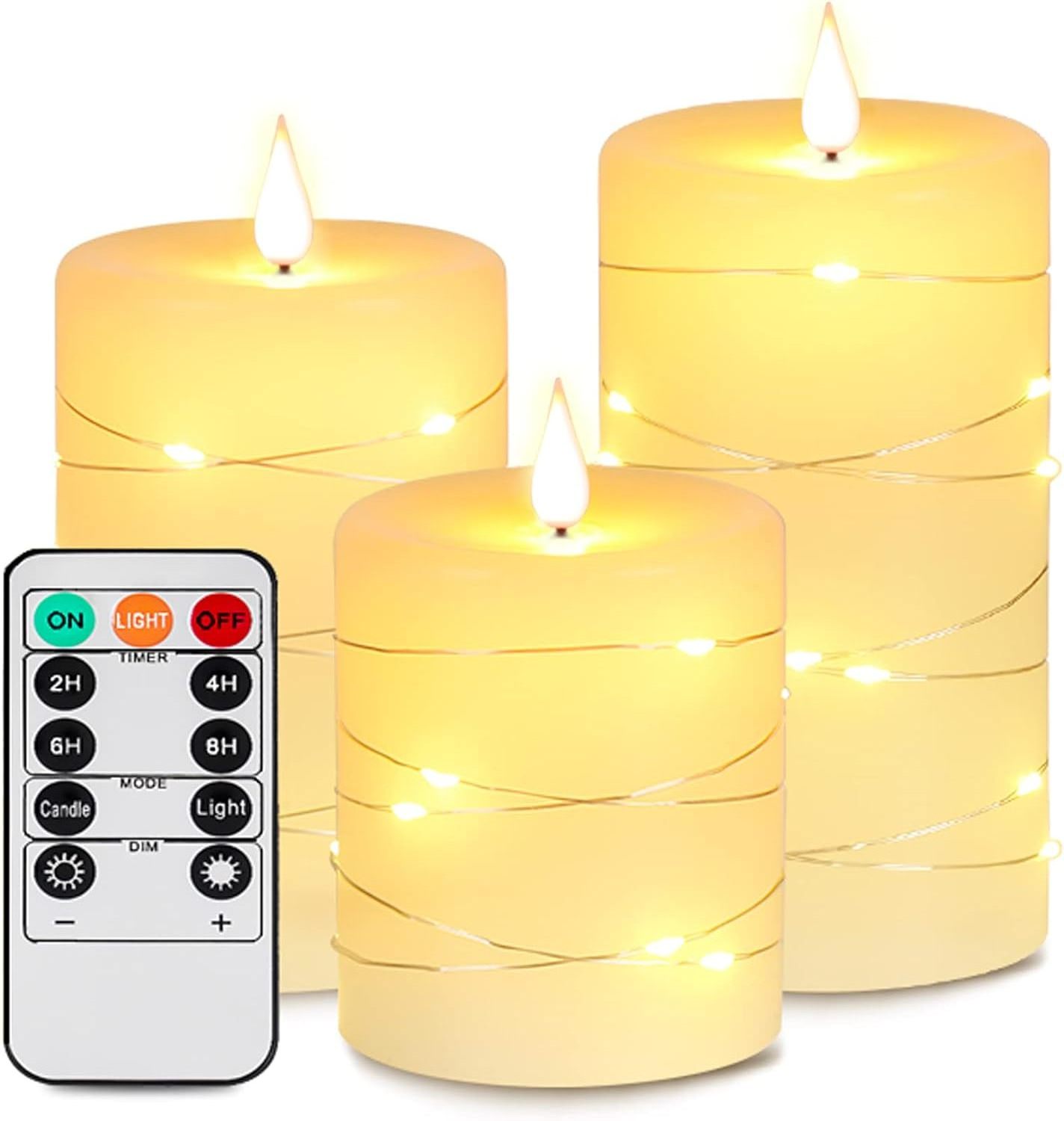 Flameless Candles with String Light LED Candle with Remote Control and Timer Battery Powered Ivory Candle